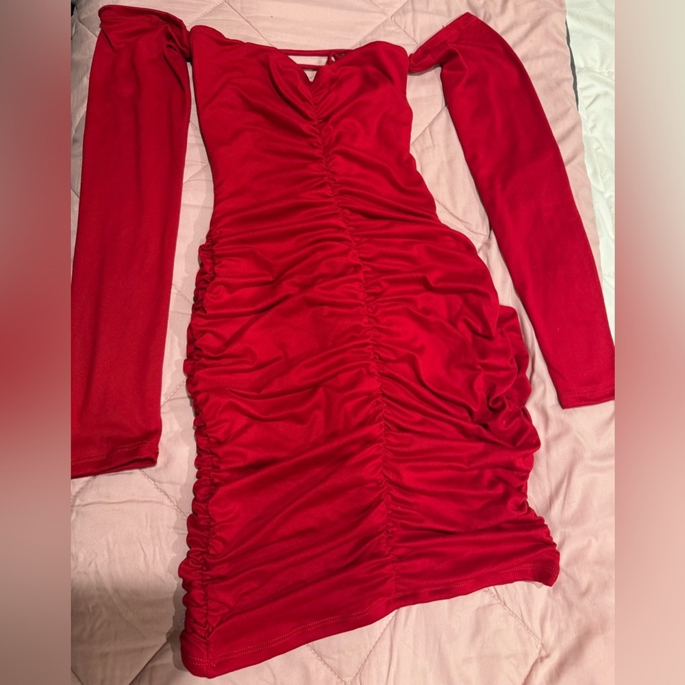 Temptations Red Ruched Bishop Sleeve Cocktail Dress